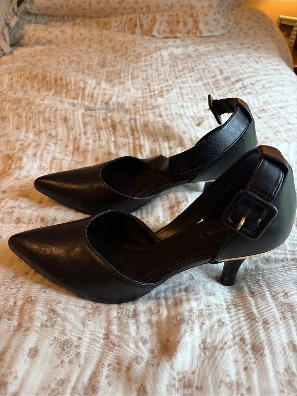 Anne Klein Black Pointed-Toe Ankle-Strap Heels